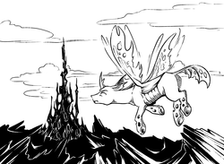 Size: 1643x1200 | Tagged: safe, artist:28gooddays, oc, oc:vertexthechangeling, changeling, black and white, changeling oc, fanfic art, flying, grayscale, hive, monochrome, quadrupedal