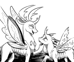 Size: 1430x1200 | Tagged: safe, artist:28gooddays, thorax, oc, oc:vertexthechangeling, changedling, changeling, g4, black and white, changeling oc, fanfic art, grayscale, king thorax, monochrome, quadrupedal