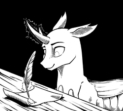 Size: 1336x1200 | Tagged: safe, artist:28gooddays, oc, oc only, oc:vertexthechangeling, changedling, changeling, black and white, changedling oc, changeling oc, fanfic art, grayscale, monochrome, quadrupedal, quill, solo, writing, writing desk (furniture)