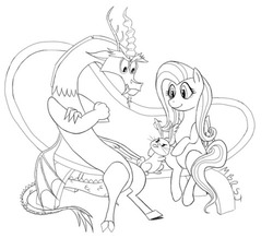 Size: 500x435 | Tagged: safe, artist:thesweetandthestrange, angel bunny, discord, fluttershy, draconequus, g4, couch, crossed arms, discord is not amused, female, male, mare, raspberry, ship:discoshy, shipping, simple background, sitting, straight, tongue out, unamused, white background