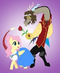 Size: 500x607 | Tagged: safe, artist:thesweetandthestrange, discord, fluttershy, draconequus, pegasus, pony, g4, alternate hairstyle, belle, clothes, cosplay, costume, crossover, dress, female, flower, hair, male, mare, once upon a time, once upon a time (tv show), purple background, rose, rumplestiltskin, ship:discoshy, shipping, simple background, straight, wings