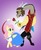 Size: 500x607 | Tagged: safe, artist:thesweetandthestrange, discord, fluttershy, draconequus, pegasus, pony, g4, alternate hairstyle, belle, clothes, cosplay, costume, crossover, dress, female, flower, hair, male, mare, once upon a time, once upon a time (tv show), purple background, rose, rumplestiltskin, ship:discoshy, shipping, simple background, straight, wings