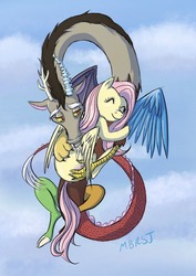 Size: 907x1280 | Tagged: safe, artist:thesweetandthestrange, discord, fluttershy, draconequus, g4, cuddling, cute, discute, eyes closed, female, flying, hug, long, male, mare, ship:discoshy, shipping, shyabetes, sky, straight, wings