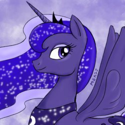 Size: 1280x1280 | Tagged: safe, artist:thesweetandthestrange, princess luna, alicorn, pony, g4, blue, blue background, crown, female, glowing mane, jewelry, regalia, simple background, smiling, solo, wings
