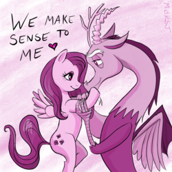 Size: 1280x1280 | Tagged: safe, artist:thesweetandthestrange, discord, fluttershy, draconequus, pegasus, pony, discordant harmony, g4, female, heart, in love, looking at each other, looking at someone, male, mare, pink, ship:discoshy, shipping, straight, wings