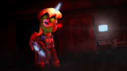 Size: 1920x1080 | Tagged: safe, artist:mister-karter, oc, oc only, oc:arcane tesla, pony, unicorn, fallout equestria, 3d, blue eyes, clothes, energy weapon, fallout equestria:science and pain, female, glasses, glowing horn, hooves, horn, jumpsuit, laser rifle, levitation, magic, magical energy weapon, male, mare, solo, source filmmaker, stable (vault), stallion, telekinesis, vault, weapon
