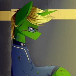 Size: 2000x2000 | Tagged: artist needed, safe, oc, oc only, oc:arcane tesla, pony, unicorn, fallout equestria, blood, clothes, fallout equestria:science and pain, glasses, high res, jumpsuit, male, solo, stable (vault), stallion, vault