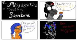 Size: 1920x997 | Tagged: safe, artist:end credicts, king sombra, oc, unnamed oc, earth pony, pony, unicorn, g4, 4 panel comic, dialogue, disgusted, drawing, food, happy, muffin, raisins, sad, sombra eyes, speech bubble