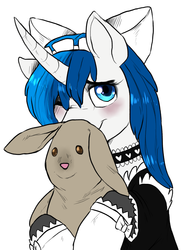 Size: 1073x1394 | Tagged: safe, artist:not-ordinary-pony, derpibooru exclusive, oc, oc only, pony, rabbit, blushing, bow, bunny plushie, choker, clothes, crossdressing, fake eyelashes, femboy, hair bow, looking at you, maid, male, plushie, simple background, solo, toy, trap