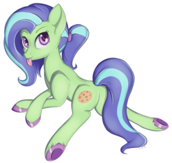 Size: 3674x3503 | Tagged: safe, artist:cha-squared, oc, oc only, oc:chafine, earth pony, pony, butt, cookie, food, high res, lying down, plot, ponytail, purple eyes, simple background, solo, tongue out, white background