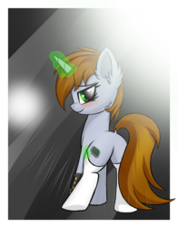 Size: 1300x1655 | Tagged: safe, oc, oc only, oc:littlepip, pony, unicorn, fallout equestria, abstract background, bedroom eyes, blushing, butt, clothes, dock, ear fluff, eyes open, fanfic, fanfic art, female, glowing horn, green eyes, hooves, horn, looking at you, looking back, looking back at you, magic, mare, pipbuck, pipbutt, plot, smiling, socks, solo, telekinesis