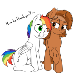 Size: 1757x1738 | Tagged: safe, artist:alex_blrus98, oc, oc only, oc:rainbow coil, oc:sign, pegasus, pony, unicorn, brown mane, duo, female, green eyes, male, rainbow hair, rainbow tail, simple background, sitting, text, transparent background