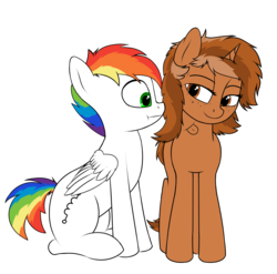 Size: 1757x1738 | Tagged: safe, artist:alex_blrus98, oc, oc only, oc:rainbow coil, oc:sign, pegasus, pony, unicorn, brown mane, duo, female, green eyes, male, rainbow hair, rainbow tail, simple background, sitting, transparent background