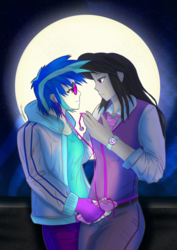 Size: 2480x3508 | Tagged: safe, artist:mantarwolf, dj pon-3, octavia melody, vinyl scratch, equestria girls, g4, clothes, earbuds, female, full moon, high res, lesbian, looking at each other, moon, night, pants, ship:scratchtavia, shipping, stars, sunglasses, watch, wristwatch