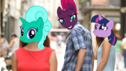 Size: 1920x1080 | Tagged: safe, artist:徐詩珮, edit, fizzlepop berrytwist, glitter drops, tempest shadow, twilight sparkle, g4, my little pony: the movie, crying, distracted boyfriend meme, female, lesbian, love triangle, sad, ship:glittershadow, ship:tempestlight, shipping