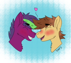 Size: 2700x2400 | Tagged: safe, artist:krafty kitsune, oc, oc:hope dawn, oc:krafty kitsune, pegasus, pony, blushing, gay, high res, love, male, nuzzling, simple background, smiling