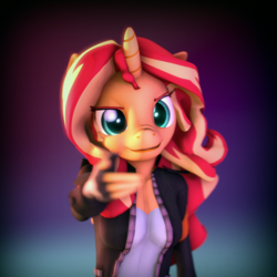 Size: 2160x2160 | Tagged: safe, artist:imafutureguitarhero, sunset shimmer, unicorn, anthro, g4, 3d, chromatic aberration, clothes, colored eyebrows, colored eyelashes, equestria girls outfit, female, film grain, finger gun, fingerless gloves, floppy ears, freckles, gloves, gradient background, high res, horn, jacket, long hair, looking at you, mare, multicolored hair, multicolored mane, nose wrinkle, peppered bacon, pointing, pointing at you, signature, smiling, solo, source filmmaker, square, windswept mane