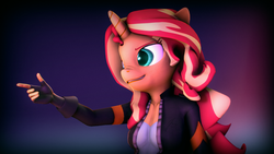 Size: 3840x2160 | Tagged: safe, alternate version, artist:imafutureguitarhero, sunset shimmer, unicorn, anthro, g4, 3d, 4k, chromatic aberration, clothes, colored eyebrows, colored eyelashes, equestria girls outfit, female, film grain, finger gun, fingerless gloves, floppy ears, freckles, gloves, gradient background, high res, horn, jacket, long hair, mare, multicolored hair, multicolored mane, nose wrinkle, peppered bacon, pointing, signature, smiling, solo, source filmmaker, wallpaper, windswept mane