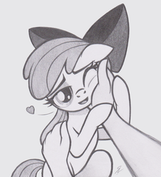 Size: 985x1085 | Tagged: safe, artist:lockerobster, apple bloom, earth pony, human, pony, g4, adorabloom, bow, cheek squish, cute, disembodied hand, eyeshadow, female, filly, floating heart, floppy ears, grayscale, hair bow, hand, hand on cheek, heart, human on pony petting, human on pony snuggling, interspecies, lidded eyes, looking at you, makeup, monochrome, offscreen character, one eye closed, petting, pov, simple background, smiling, snuggling, solo focus, spoken heart, squishy cheeks