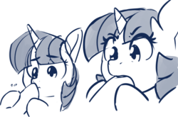 Size: 1280x844 | Tagged: safe, artist:dimfann, twilight sparkle, alicorn, pony, g4, biting, boop, confused, cute, female, frown, hoof biting, hooves, mare, misleading thumbnail, monochrome, nom, offscreen character, open mouth, simple background, sketch, solo focus, twiabetes, wat, white background