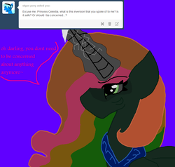Size: 907x865 | Tagged: safe, artist:dazzlingmimi, princess celestia, alicorn, pony, tumblr:the sun has inverted, g4, ask, blue background, color change, darkened coat, devious, female, glowing horn, green eye, horn, implied inversion, implied oc, implied ponified, implied skype, indigo background, inversion spell, invert princess celestia, inverted, inverted colors, inverted princess celestia, jewelry, purple background, rainbow hair, regalia, sidemouth, simple background, solo, speech bubble, tumblr, violet background, word bubble