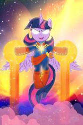 Size: 1200x1800 | Tagged: safe, artist:pixelkitties, twilight sparkle, alicorn, pony, g4, >:d, captain marvel, captain marvel (marvel), carol danvers, clothes, cosplay, costume, crossover, evil grin, female, flying, glowing eyes, grin, magic, mare, marvel, marvel comics, open mouth, smiling, smirk, solo, twilight sparkle (alicorn)