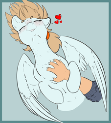 Size: 2000x2200 | Tagged: safe, artist:cold blight, oc, oc only, oc:cold blight, human, pegasus, pony, beanbrows, behaving like a dog, belly button, bellyrubs, blue background, blushing, body freckles, chest fluff, cute, ear freckles, eyebrows, eyes closed, female, floppy ears, freckles, grin, hand, heart, high res, human on pony petting, lip bite, mare, ocbetes, on back, petting, scratching, simple background, sleeping, smiling, solo focus, spoken heart, spread wings, waking up, wing fluff, wings