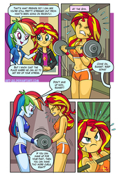 Size: 593x851 | Tagged: safe, artist:art-2u, rainbow dash, sunset shimmer, comic:gym partners, equestria girls, g4, belly button, cafeteria, clothes, comic, eyes closed, female, gym, gym uniform, midriff, open mouth, partners, shorts, smiling, speech bubble, sports bra, sports shorts, sweat, weight lifting, weights, wristband