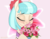 Size: 1200x933 | Tagged: safe, artist:mercurial64, coco pommel, earth pony, pony, g4, :t, abstract background, blushing, bouquet, bust, cocobetes, cute, eyes closed, female, flower, flower in hair, hair ornament, hoof hold, mare, movie accurate, portrait, rose, smiling, solo
