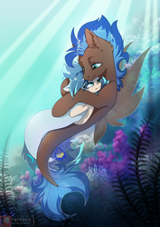 Size: 1061x1500 | Tagged: safe, artist:arctic-fox, oc, oc only, oc:ash wing, oc:nimble wing, earth pony, pegasus, pony, seapony (g4), ashble, ear fluff, female, hug, looking at each other, male, mare, patreon, patreon logo, romantic, shipping, stallion, underwater