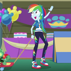 Size: 847x848 | Tagged: safe, screencap, rainbow dash, tank, best in show: the victory lap, equestria girls, equestria girls series, g4, spoiler:eqg series (season 2), converse, cropped, cute, dashabetes, female, geode of super speed, magical geodes, shoes, skateboard, solo, waving