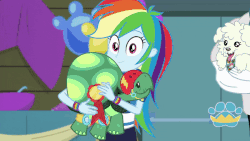 Size: 800x450 | Tagged: safe, screencap, bulk biceps, rainbow dash, tank, wooyoo, best in show: the victory lap, equestria girls, equestria girls series, g4, spoiler:eqg series (season 2), animated, interspecies, shipping, tank loves wooyoo
