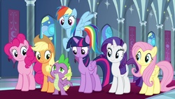 Size: 1280x720 | Tagged: safe, screencap, applejack, fluttershy, pinkie pie, rainbow dash, rarity, spike, twilight sparkle, alicorn, dragon, earth pony, pegasus, pony, unicorn, g4, season 9, the beginning of the end, female, male, mane seven, mane six, mare, twilight sparkle (alicorn)