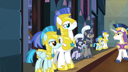 Size: 1280x720 | Tagged: safe, screencap, guardian angel (g4), shining armor, silver sable, pegasus, pony, unicorn, g4, sparkle's seven, armor, colored hooves, female, guardsmare, helmet, hooves, horn, male, mare, pegasus royal guard, royal guard, royal guard armor, stallion, unicorn royal guard, wings
