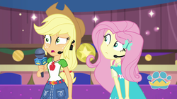 Size: 1920x1080 | Tagged: safe, screencap, applejack, fluttershy, best in show: the victory lap, equestria girls, equestria girls series, g4, spoiler:eqg series (season 2), clothes, collar, collar shirt, confused, cowboy hat, denim, denim skirt, dress, eyebrows, female, freckles, geode of fauna, geode of super strength, hair, hat, magical geodes, microphone, open mouth, ponytail, raised eyebrow, shirt, shirt with a collar, skirt, t-shirt, teenager