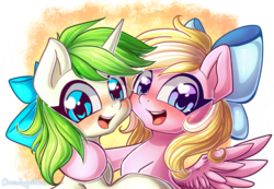 Size: 4347x3000 | Tagged: safe, artist:chaosangeldesu, oc, oc only, oc:bay breeze, oc:minty root, pegasus, pony, unicorn, blushing, bow, cute, duo, duo female, female, hair bow, heart, heart eyes, high res, horn, hug, looking at you, mare, ocbetes, open mouth, open smile, pegasus oc, simple background, smiling, smiling at you, unicorn oc, wingding eyes