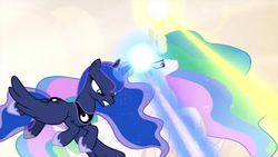 Size: 1280x720 | Tagged: safe, screencap, princess celestia, princess luna, alicorn, pony, g4, season 9, the beginning of the end, blast, discussion in the comments, duo, ethereal mane, female, flying, glowing horn, horn, laser, magic, magic beam, magic blast, mare, royal sisters, sisters, starry mane