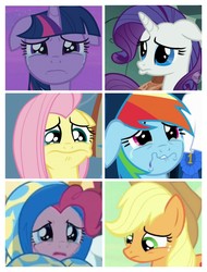 Size: 3106x4096 | Tagged: safe, edit, edited screencap, screencap, applejack, fluttershy, pinkie pie, rainbow dash, rarity, twilight sparkle, alicorn, earth pony, pegasus, pony, unicorn, a dog and pony show, g4, once upon a zeppelin, tanks for the memories, the last roundup, yakity-sax, crying, floppy ears, in-universe pegasister, mane six, oh no, sad, teary eyes, twilight sparkle (alicorn)
