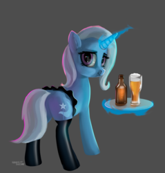 Size: 1456x1526 | Tagged: safe, artist:hardbrony, trixie, pony, unicorn, g4, alcohol, clothes, female, looking back, mare, miniskirt, skirt, smiling, solo, stockings, technically an upskirt shot, thigh highs