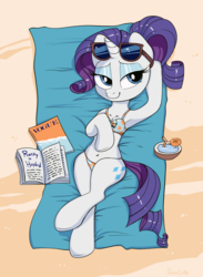 Size: 1305x1784 | Tagged: safe, artist:confetticakez, rarity, pony, unicorn, semi-anthro, g4, adorasexy, armpits, beach, beach towel, belly, belly button, bikini, clothes, coconut, crossed hooves, cute, eyeshadow, female, food, lying down, magazine, makeup, mare, on back, ponytail, raribetes, sexy, solo, sunglasses, swimsuit, towel, wide hips