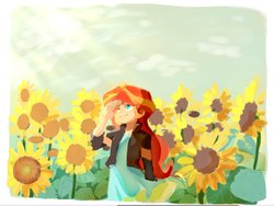 Size: 1024x770 | Tagged: safe, artist:keeerooooo1, sunset shimmer, equestria girls, g4, clothes, cloud, cute, female, flower, one eye closed, shimmerbetes, sky, smiling, solo, sunflower