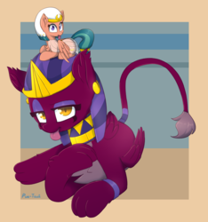 Size: 2368x2533 | Tagged: safe, artist:puetsua, somnambula, the sphinx, pegasus, pony, sphinx, daring done?, g4, behaving like a bird, behaving like a cat, chest fluff, clothes, cute, ear fluff, female, high res, mare, on head, ponies riding ponies, pony hat, riding, smiling, somnambula riding sphinx, tongue out
