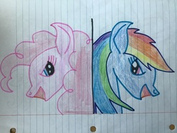 Size: 3264x2448 | Tagged: safe, artist:asiandra dash, pinkie pie, rainbow dash, pony, fanfic:cupcakes, fanfic:rainbow factory, g4, colored pencil drawing, evil, high res, marker outline, open mouth, rainbow factory dash, traditional art