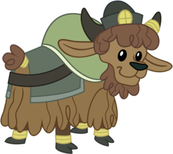 Size: 1256x1117 | Tagged: safe, artist:deadpoolmaxii, yuffie, yak, g4, party pooped, calf, clothes, cloven hooves, female, hat, horn, horn ring, simple background, solo, transparent background, vector, yak calf