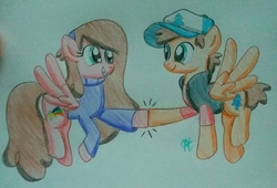 Size: 2364x1606 | Tagged: safe, artist:prinrue, pony, clothes, dipper pines, female, gravity falls, hat, hoofbump, mabel pines, male, mare, pine tree, shooting star, siblings, smiling, stallion, sweater, traditional art, tree, vest