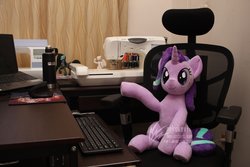 Size: 4096x2730 | Tagged: safe, artist:nekokevin, starlight glimmer, pony, unicorn, series:nekokevin's glimmy, g4, chair, computer, computer mouse, female, irl, keyboard, laptop computer, mare, photo, plushie, raised hoof, sewing machine, sitting, smiling, solo, watermark