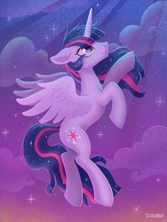 Size: 1200x1600 | Tagged: safe, artist:scheadar, twilight sparkle, alicorn, pony, g4, backwards cutie mark, cloud, concave belly, cutie mark, ear fluff, ethereal mane, female, flying, hilarious in hindsight, leg fluff, mare, older, older twilight, shooting star, slender, smiling, solo, starry mane, starry sky, thin, twilight sparkle (alicorn), ultimate twilight