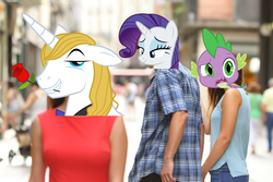 Size: 750x500 | Tagged: safe, edit, prince blueblood, rarity, spike, g4, distracted boyfriend meme, female, male, meme, ship:rariblood, shipping, straight