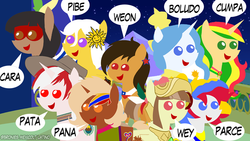 Size: 960x540 | Tagged: safe, artist:archooves, oc, oc only, oc:camila, oc:chilenia, oc:kantuta (miski' hooves), oc:kuruminha, oc:nucita, oc:princess argenta, oc:princess peruvia, oc:tailcoatl, alicorn, earth pony, pegasus, pony, argentina, bolivia, brazil, chile, colombia, female, group, hat, mare, mexico, nation ponies, open mouth, peru, pointy ponies, ponified, smiling, spanish, speech bubble, uruguay, venezuela