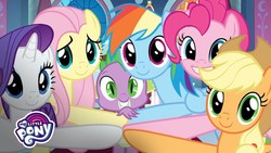Size: 1280x720 | Tagged: safe, screencap, applejack, fluttershy, pinkie pie, rainbow dash, rarity, spike, dragon, pony, g4, season 9, end of ponies, female, looking at you, male, my little pony logo, smiling, winged spike, wings